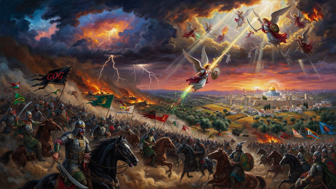 An illustration of the war of Gog and Magog &mdash; a latter-day coalition advancing upon the mountains of Israel and Jerusalem, as foretold in Ezekiel 38