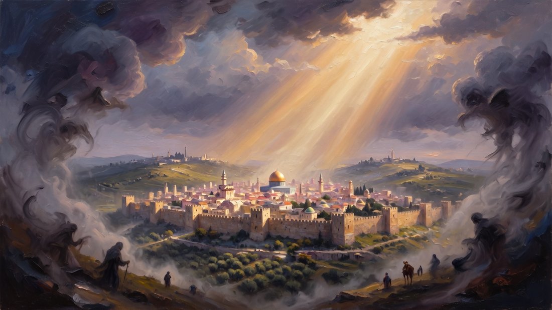 An illustration of Jerusalem standing guarded beneath a shaft of protective light while the surrounding darkness recedes