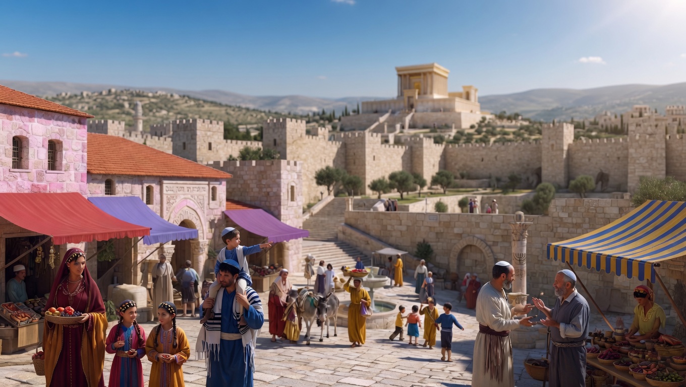 Jews in ancient Jerusalem — daily life in the ancient city with the Temple visible on the hill