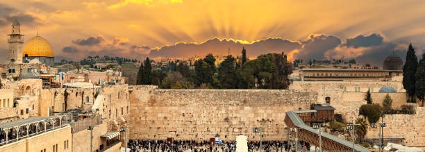 Panoramic view of the Western Wall and the Old City of Jerusalem at sunset